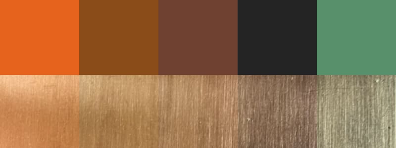 銅の色の変化パターン（銅の酸化パターン）
赤橙色➡褐色➡暗褐色➡黒褐色➡緑青色